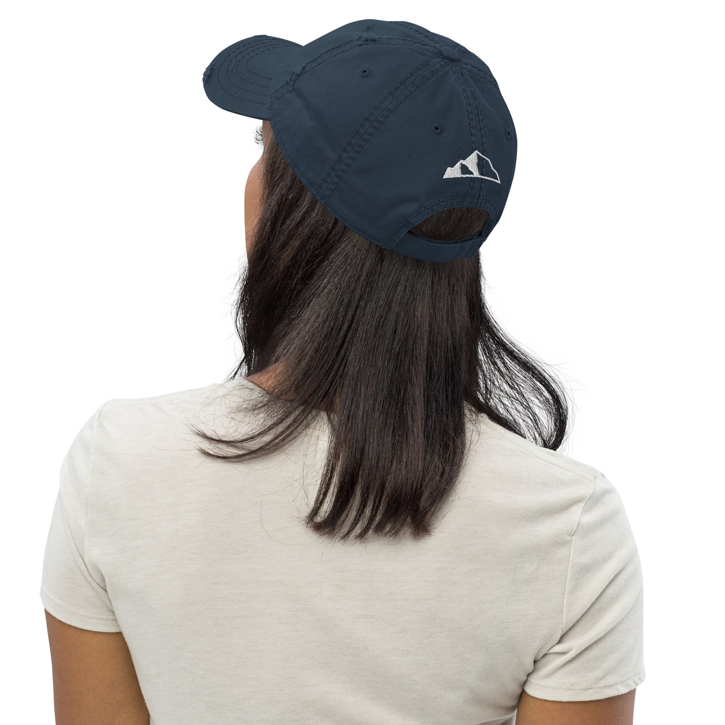 Distressed Dad Hat w front and back logo dk blue back