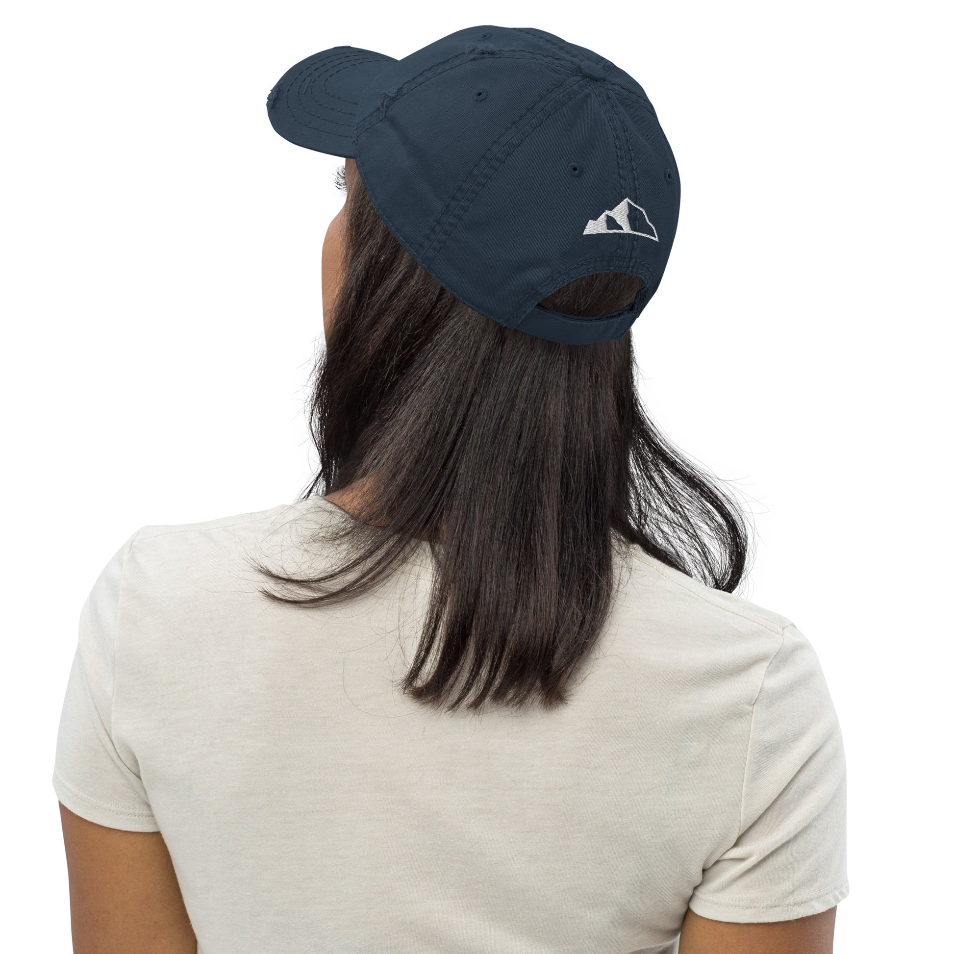 Distressed Dad Hat w front and back logo dk blue back