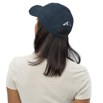 Distressed Dad Hat w front and back logo dk blue back
