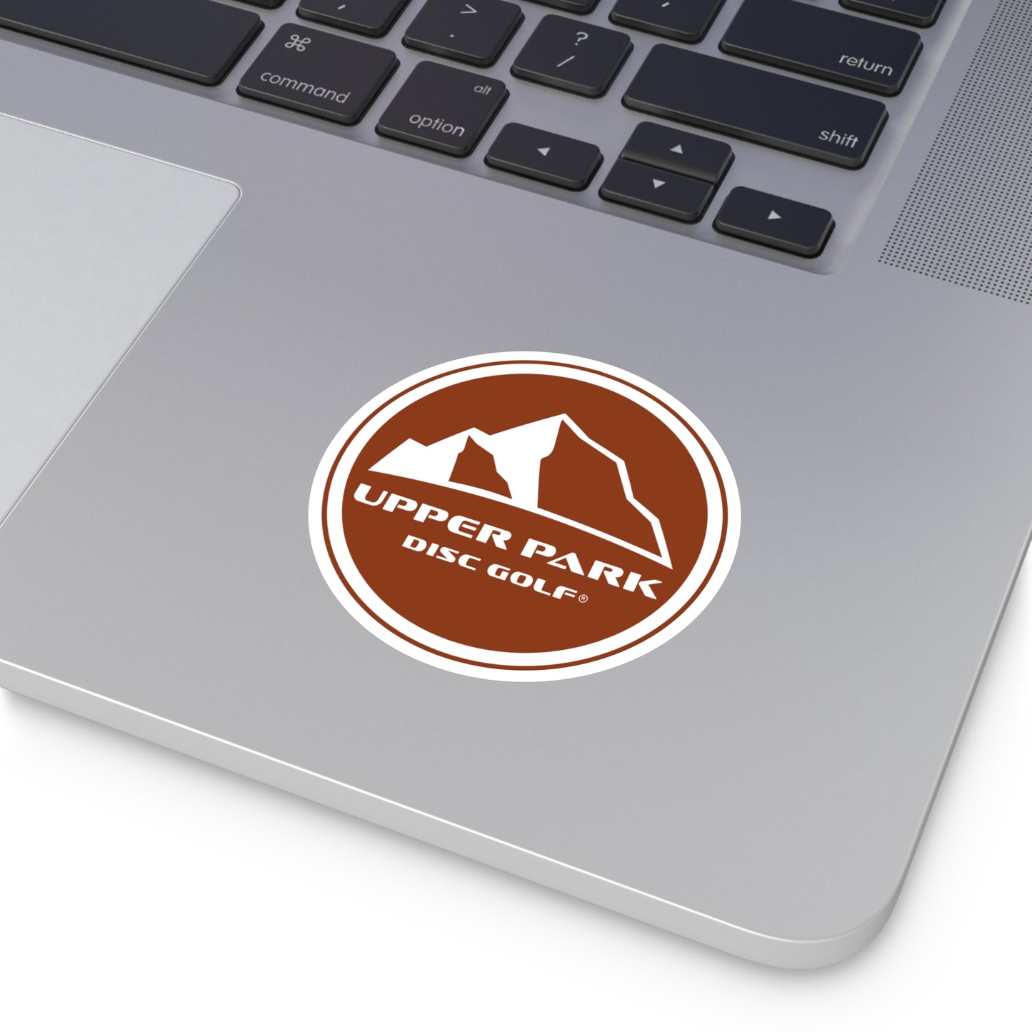 Upper Park Disc Golf Logo Sticker -on laptop