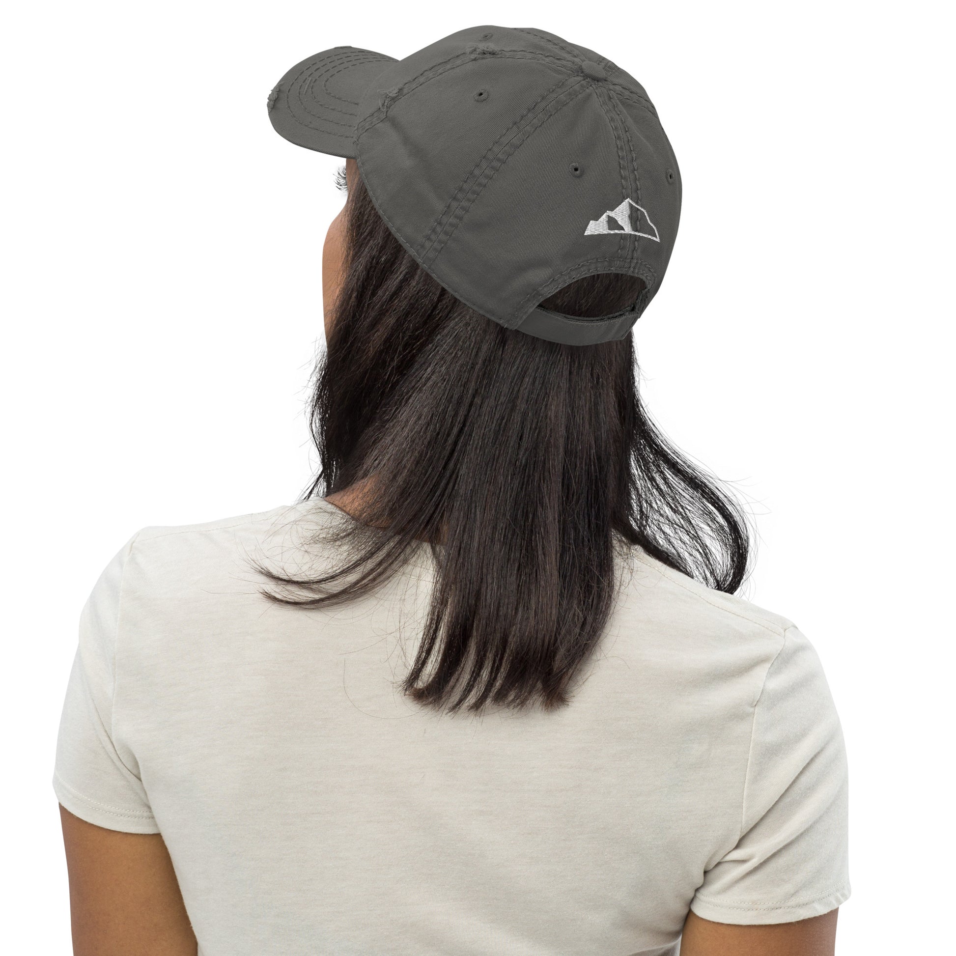 Distressed Dad Hat w front and back logo grey back