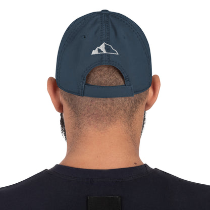Distressed Dad Hat w front and back logo blue/gray back