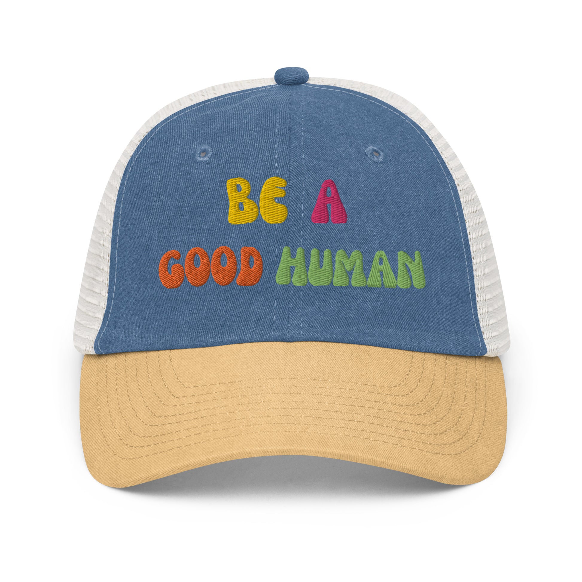 Be a good human hat - royal/mustard/stone