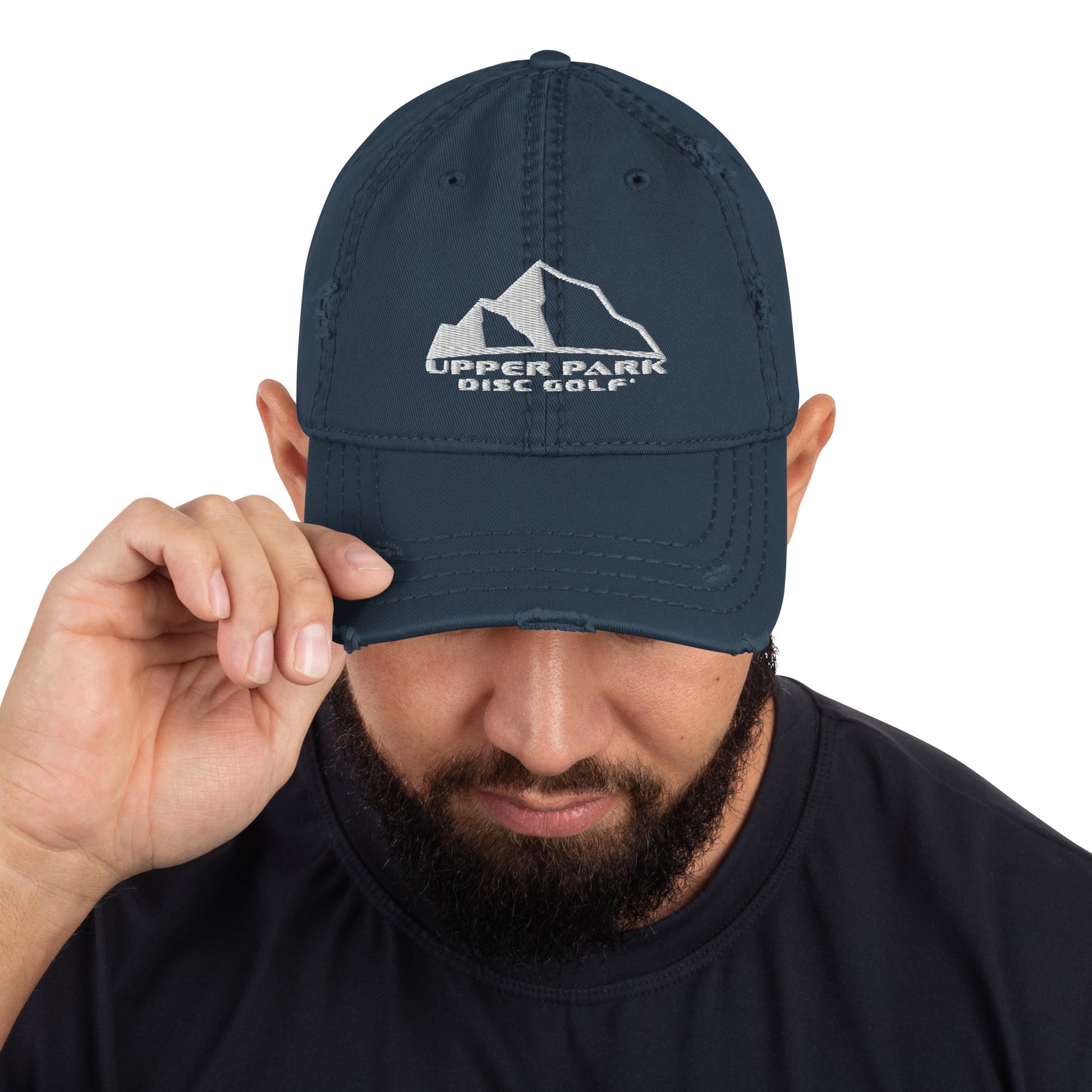 Distressed Dad Hat w front and back logo dk blue front