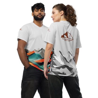 "Mountains & Trees Abstract" w/ Logos Recycled Unisex Sports Jersey