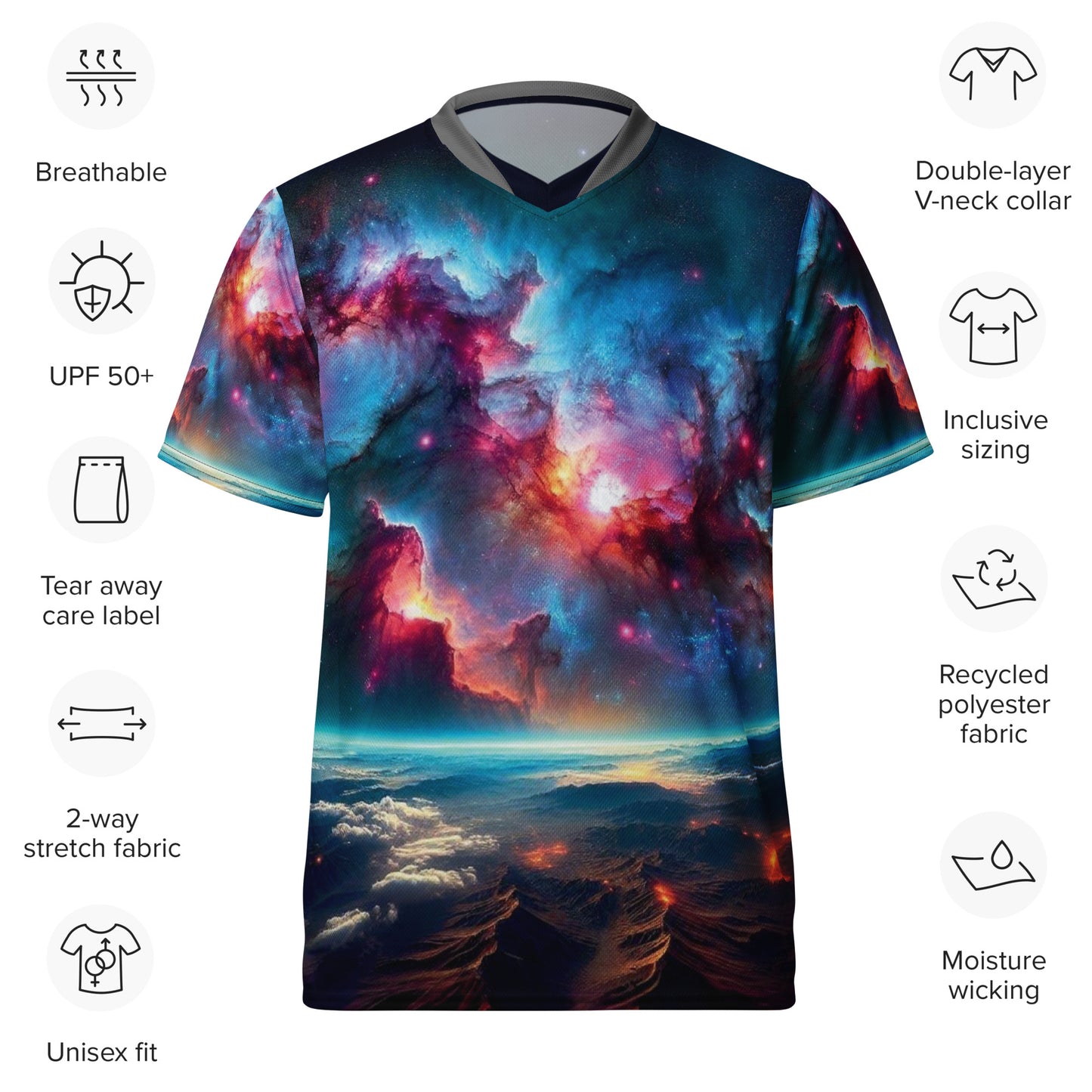 Cosmic Nebula Recycled Unisex Sports Jersey front specifications