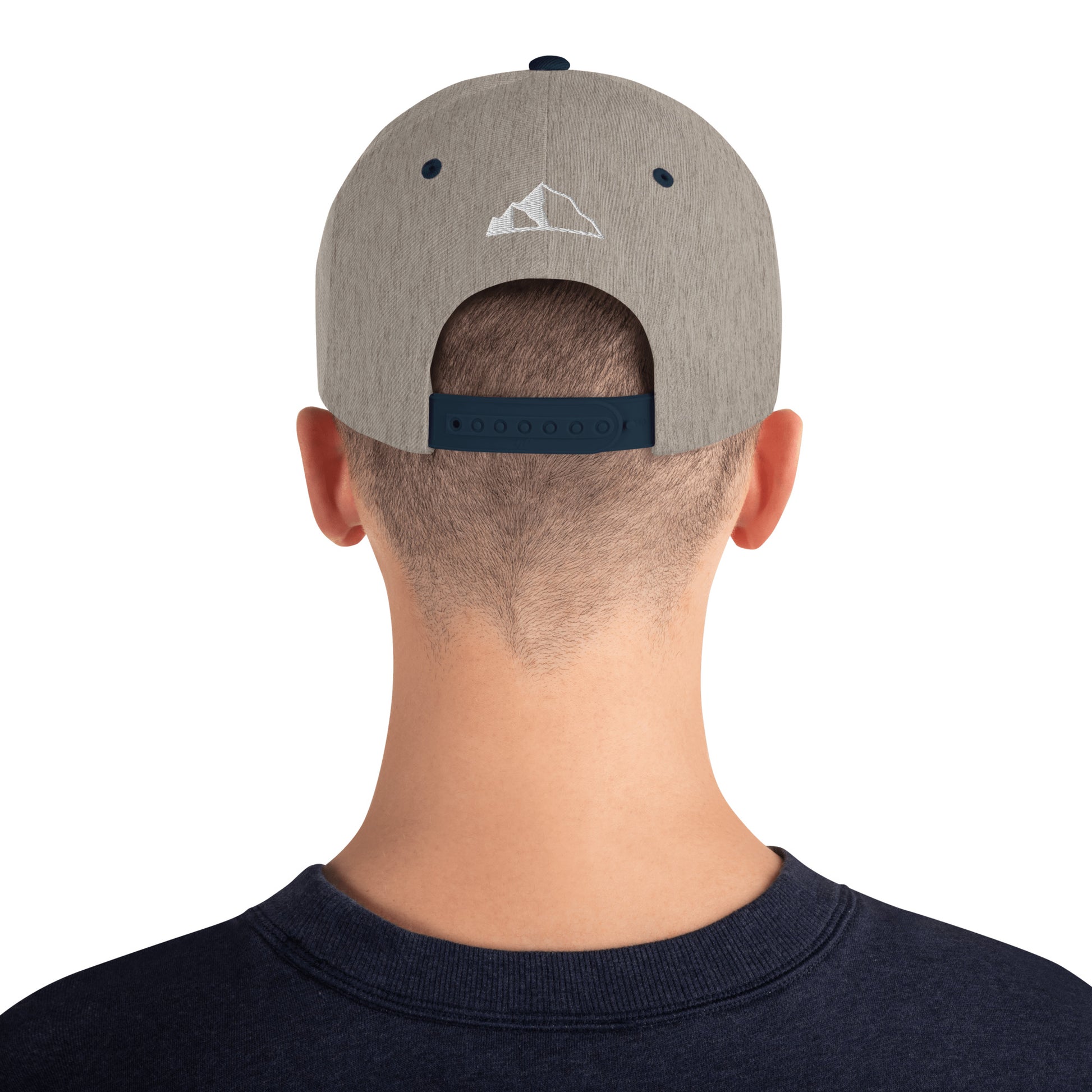 Snapback Hat w front and back logo heather/navy back
