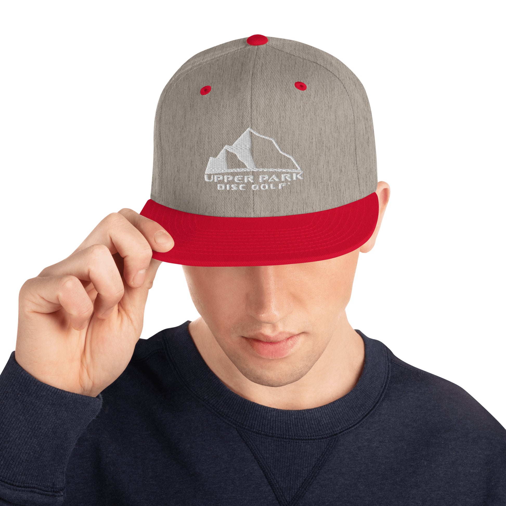 Snapback Hat w front and back logo grey/red