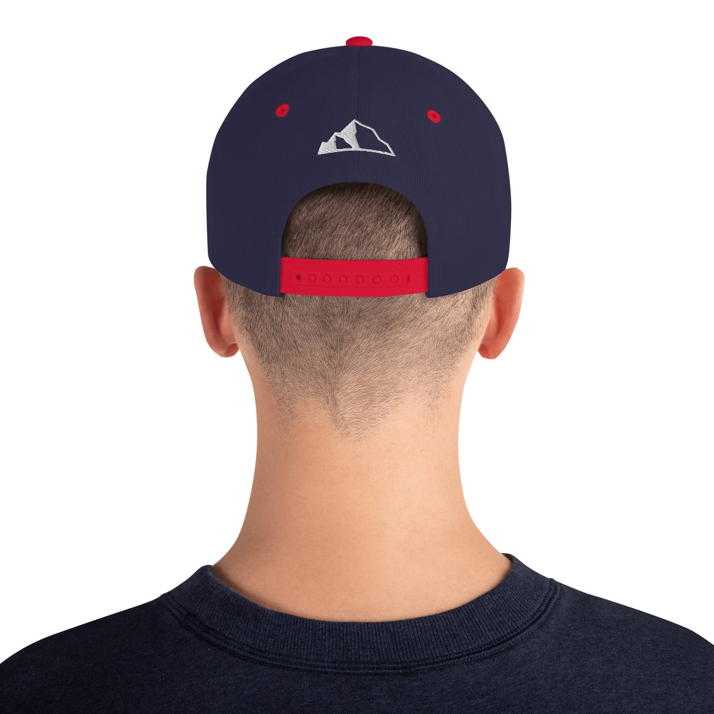 Snapback Hat w front and back logo navy/red back