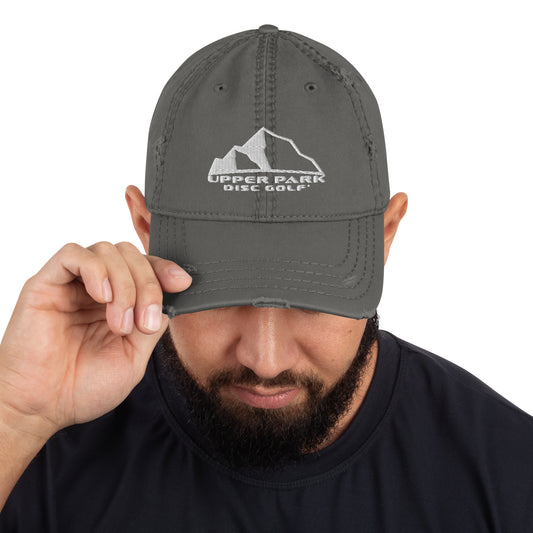 Distressed Dad Hat w front and back logo charcoal grey