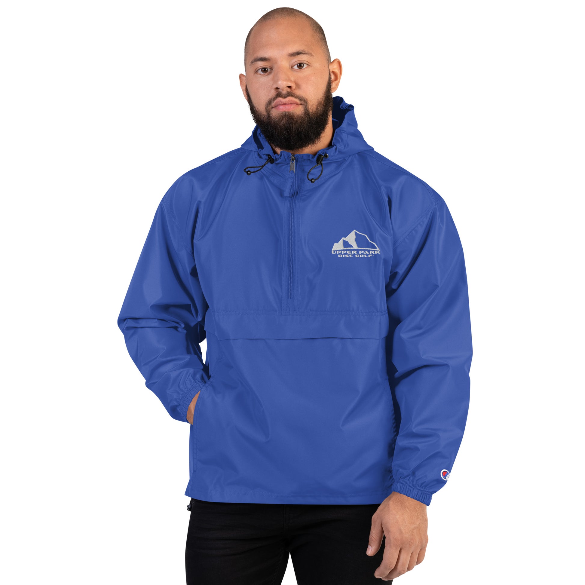 Embroidered Champion Packable Jacket with Upper Park Disc Golf® logo blue