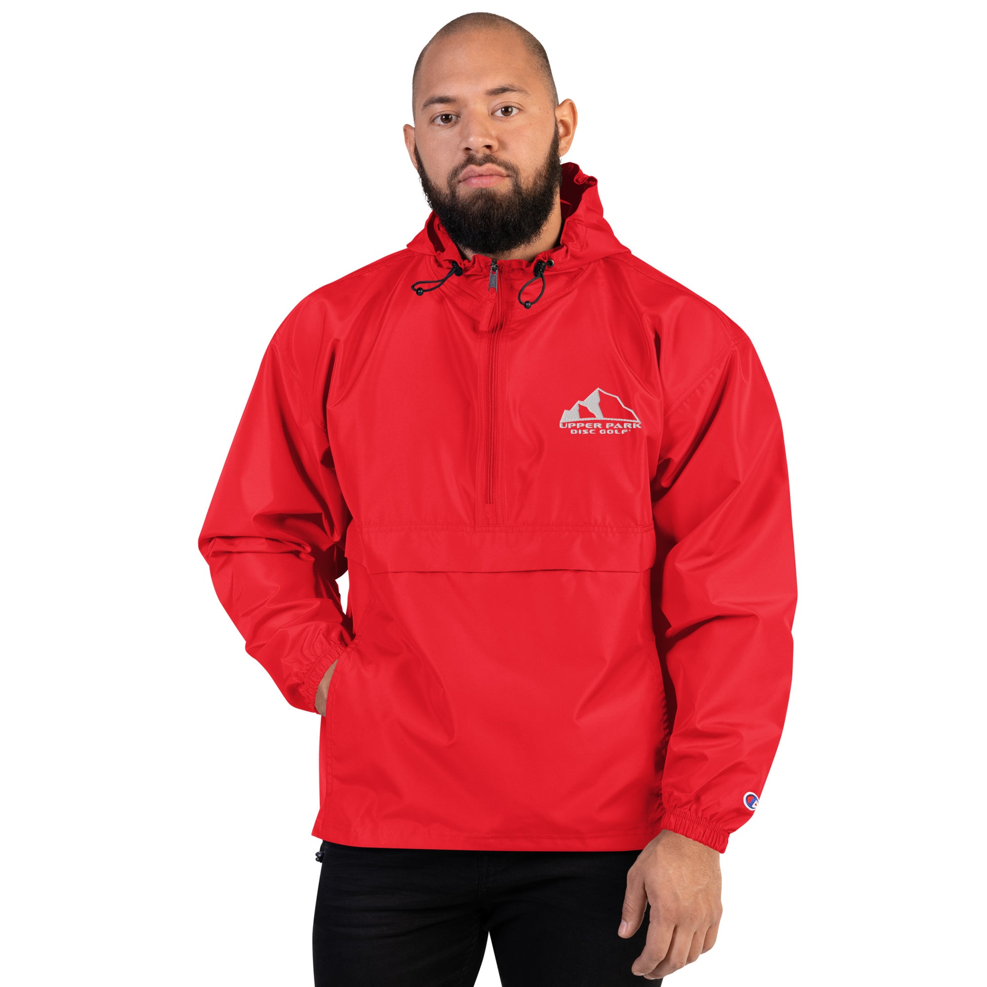 Embroidered Champion Packable Jacket with Upper Park Disc Golf® logo red