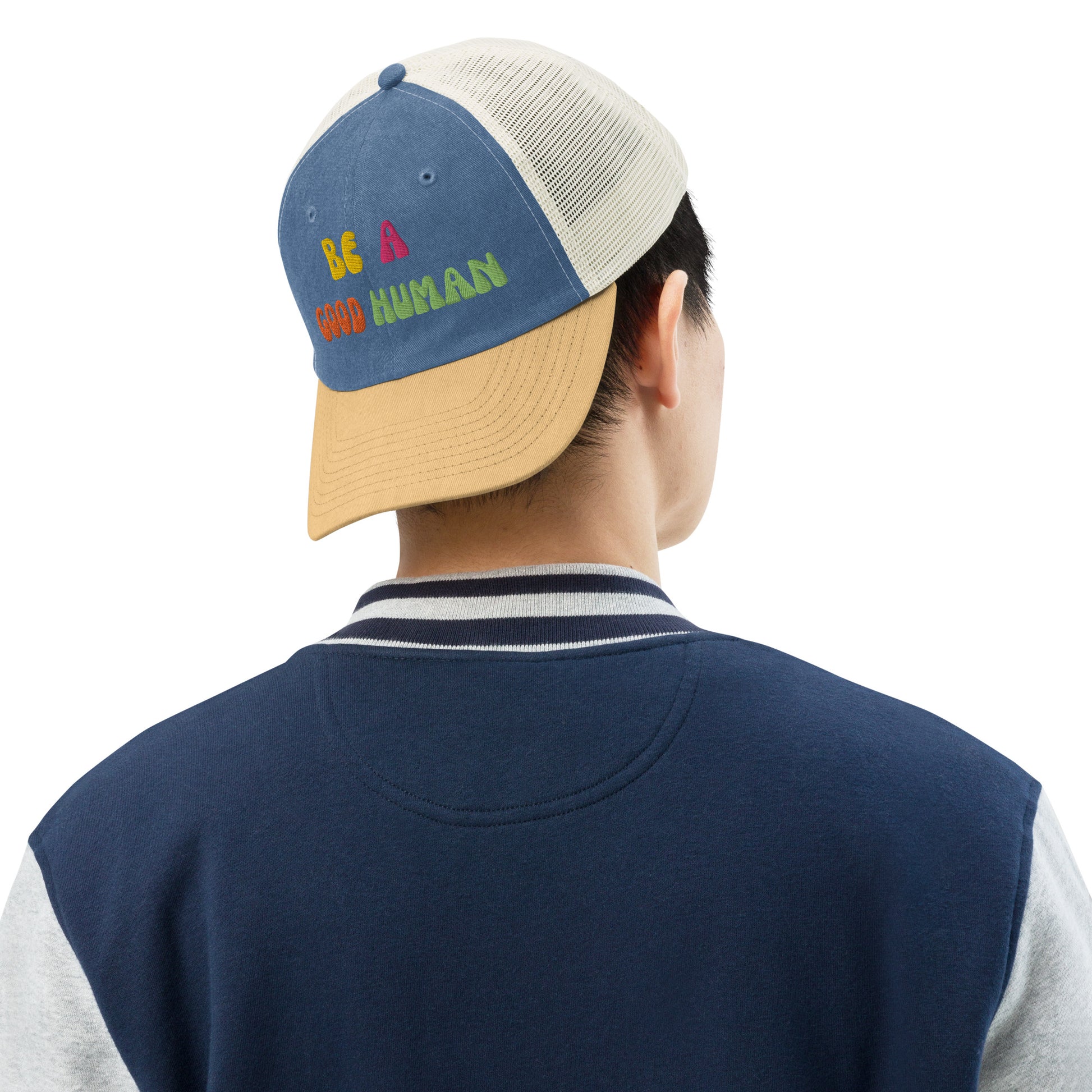 Be a good human hat - navy - mustard - stone